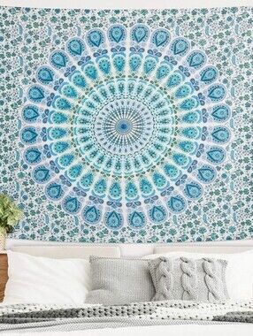 AmericanFlat boho Mandala Peacock white blue green wall tapestry